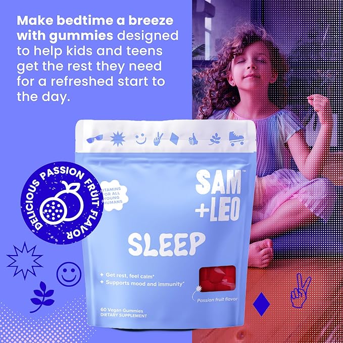Sleep - Passionflower, Vitamin B6 & Melatonin Gummies for Kids & Teens - All Natural & Vegan Relaxation & Sleep Gummies for Kids - Passion Fruit Flavor - 60/ct