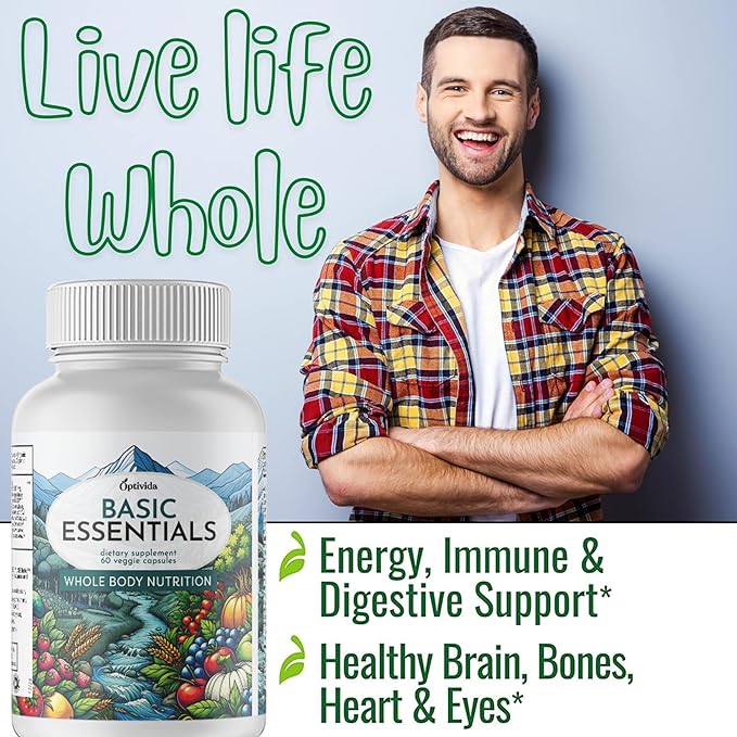 OPTIVIDA- Whole Food Multivitamin & Minerals All Natural Fruits & Vegetables | Probiotics, Prebiotics, and Postbiotics | Immune, Gut, Mind, Energy & More (60 Capsules)