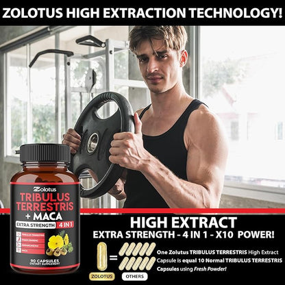 Zolotus Premium Tribulus Terrestris Capsules - Combined with Ashwagandha, Panax Ginseng & Maca - Boost Energy, Mood, Stamina & Immune - 90 Counts for 3 Months