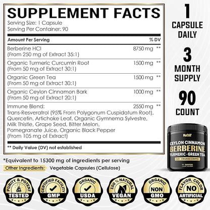 Berberine Supplement 8750mg Turmeric Curcumin 1500mg 1500mg & 90 Capsules 3 Months