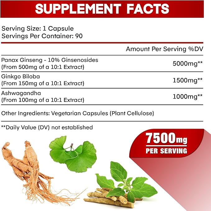 Korean Red Panax Ginseng 7500mg Highest 90 Vegan