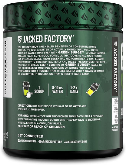 Jacked Factory Green Surge Green Superfood Powder- Keto Friendly Greens Drink w/Spirulina, Wheat & Barley Grass, Organic Greens - Green Tea Extract, Probiotics & Digestive Enzymes - Sour Apple - 30sv