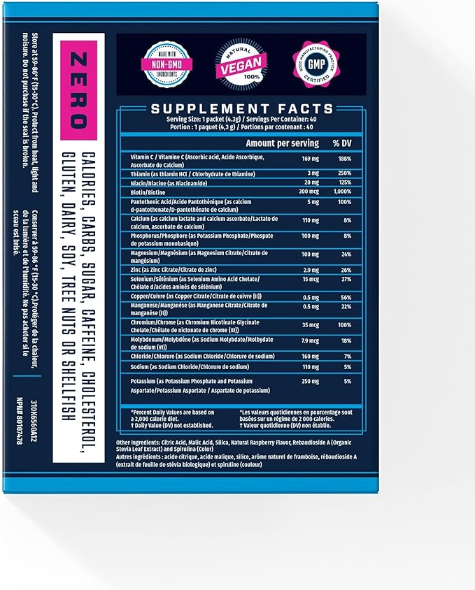 KEY NUTRIENTS Electrolytes Powder Packets - Delicious Blue Raspberry 40 Pack Hydration Packets - Travel Hydration Powder - Made in USA - No Sugar, No Calories, Gluten Free