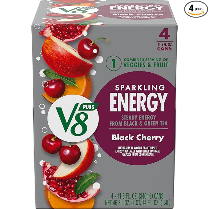V8 SPARKLING +ENERGY Black Cherry Energy Drink, 11.5 fl oz Can (Pack of 4)