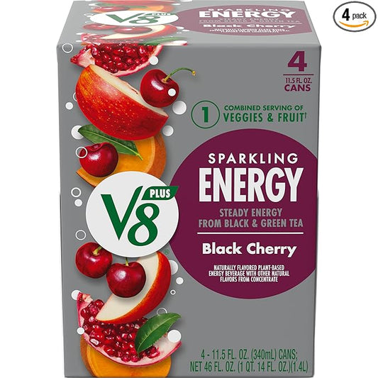 V8 SPARKLING +ENERGY Black Cherry Energy Drink, 11.5 fl oz Can (Pack of 4)