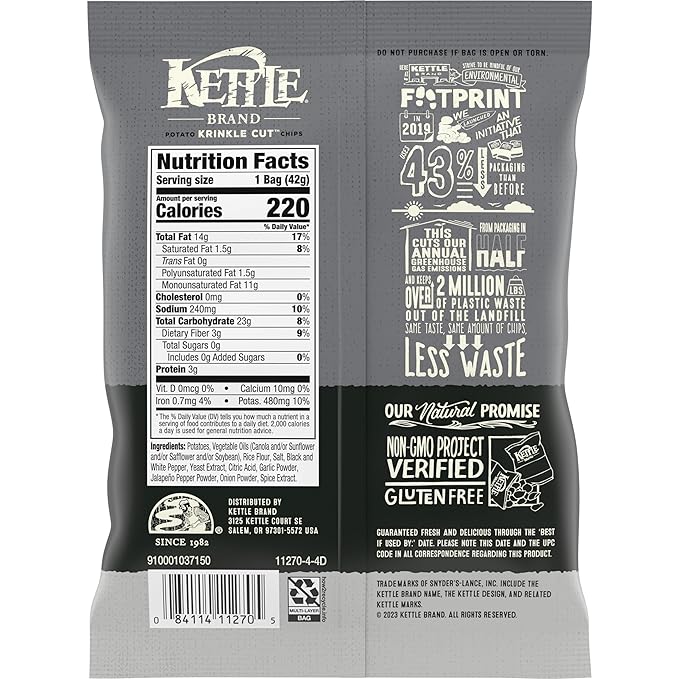 Kettle Brand Potato Chips, Krinkle Cut, Salt & Fresh Ground Pepper Kettle Chips, 1.5 Oz (Pack of 24)