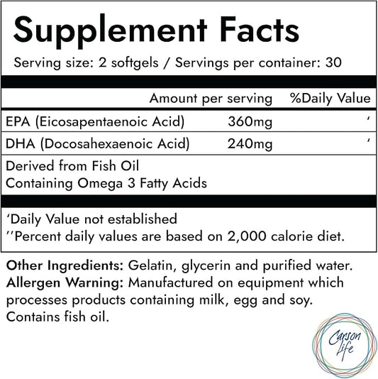Carson Life DHA EPA Omega 3 3 Supplement 60 Softgels