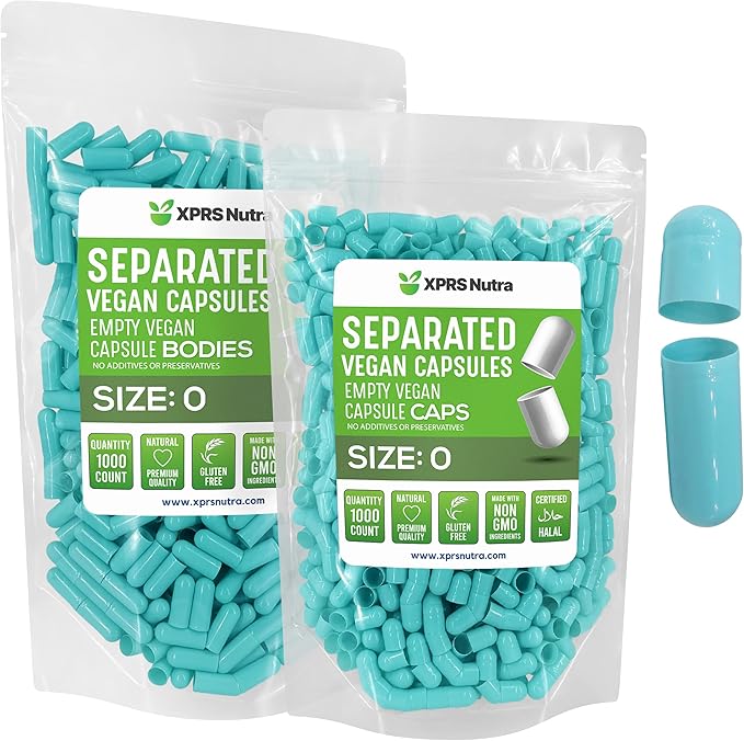 XPRS Nutra Vegan Size 0 Separated Capsules - 1000 Count Premium Empty Capsules Separated in Bags - Separated Empty 0 Capsules - Pill Capsules Empty for DIY Supplement Filling (Aqua)