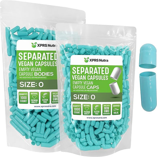XPRS Nutra Vegan Size 0 Separated Capsules - 1000 Count Premium Empty Capsules Separated in Bags - Separated Empty 0 Capsules - Pill Capsules Empty for DIY Supplement Filling (Aqua)