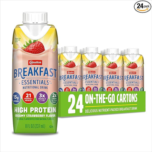 Carnation Breakfast Essentials High Protein Nutritional Drink, Ready-to-Drink, 15g Protein, Vitamins C & D for Immune Support, Calcium, Gluten-Free, Kosher, Creamy Strawberry, 8 FL OZ Carton (24 Pack)