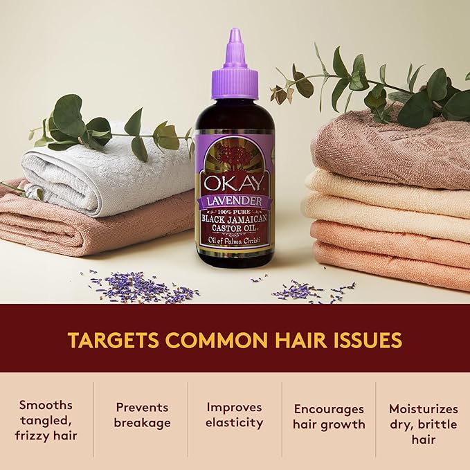 Okay Pure Naturals Black Jamaican Castor Oil - Castor Oil for Hair Growth, Moisture for Skin, Face, Scalp, Eyelashes, Eyebrows - Hair Oil for Men & Women - Lavender, 4 Oz