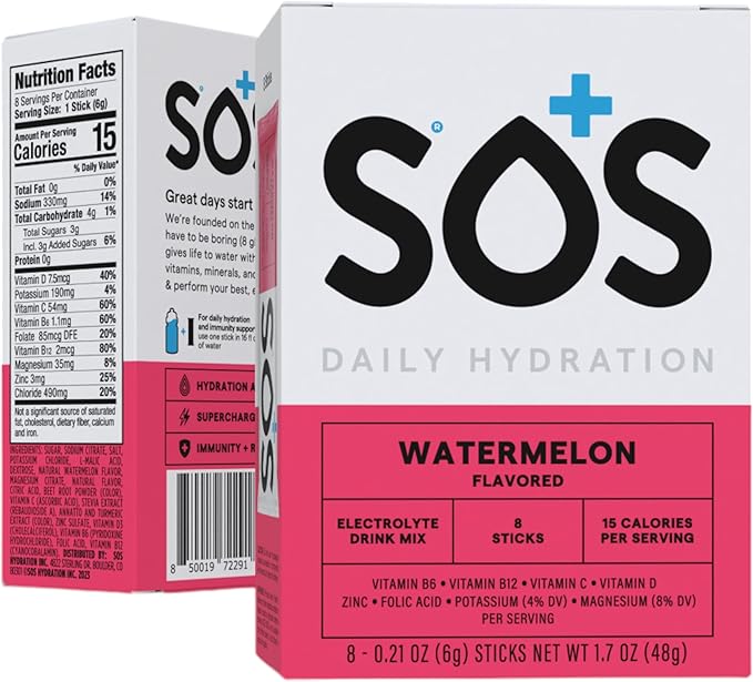 SOS Hydration Electrolyte Powder Drink Mix Packets | Daily Hydration & Energy | Added Essential Vitamins | Low Sugar | 8 Servings (Watermelon)