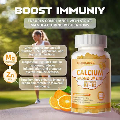 Calcium Magnesium Zinc Gummies with Vitamin D3 & K2 - High Potency Enhanced Absorption -120 Orange Gummies Flavored