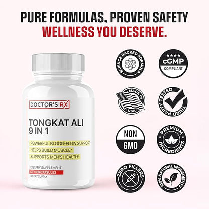 Doctor's RX || #1 New 9 in 1 Tongkat Ali + Horny Goat Weed || Maximize Blood Flow, Increase Mood & Stamina | Ultra Dosed Formula w/ 9 Powerful Ingredients | Research Backed + USA Made - 60 Capsules