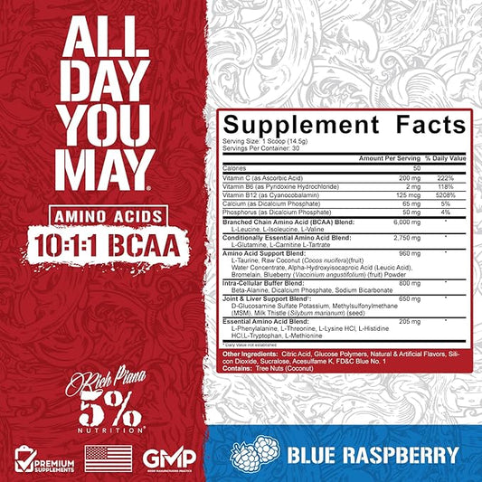 5% Nutrition Rich Piana AllDayYouMay BCAA Powder | Premium Intra & Post Workout Amino Acids, Hydration, Endurance, Muscle Recovery, Joint & Liver Support | 16.4 oz, 30 Servings (Blue Raspberry)