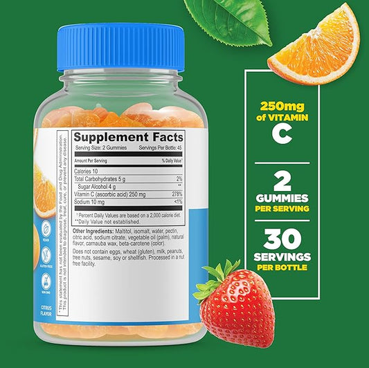 Lifeable Sugar Free Vitamin C – 250 mg – Great Tasting Natural Flavor Gummy Supplement – Vegetarian GMO-Free Chewable Vitamins – for Immune Support – for Adults – 90 Gummies