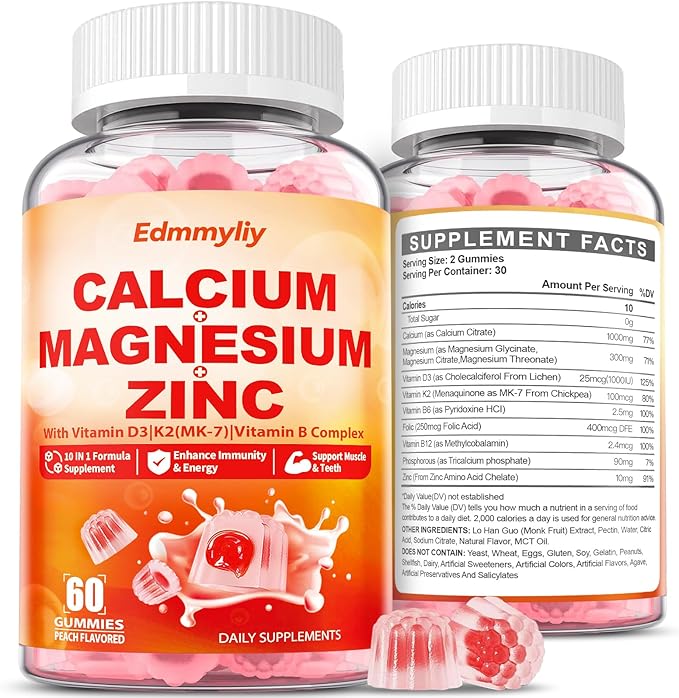 Calcium Magnesium Zinc Supplement Gummies D3 K2 K2 & 1000mg Calcium