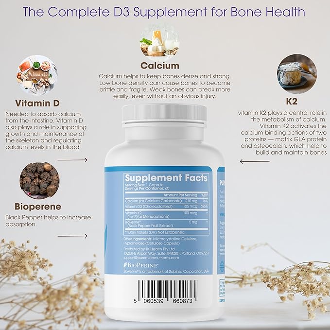 Pure Micronutrients Vitamin D3 K2 Supplement MK7 100mcg, 100mcg, D3 D3 5000 5000 iu, 60 capsules