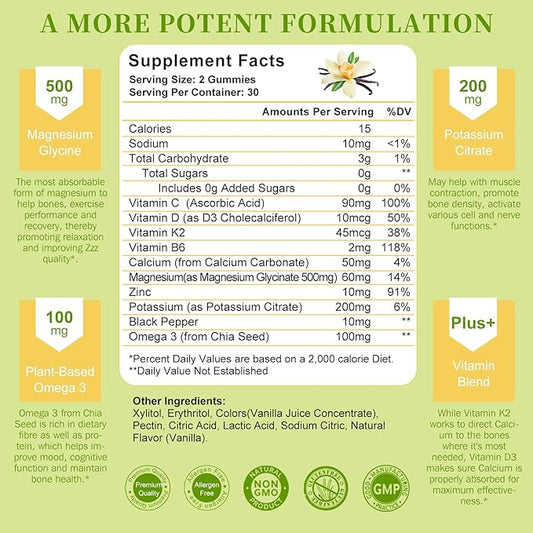 Potassium Magnesium Gummies - High Absorption Magnesium Glycinate 500mg & Potassium Citrate 200mg Plus Omega 3, B6, D3, K2 & Calcium - Chewable Gummy for Leg Cramps, Immunity & Energy - 60 Count