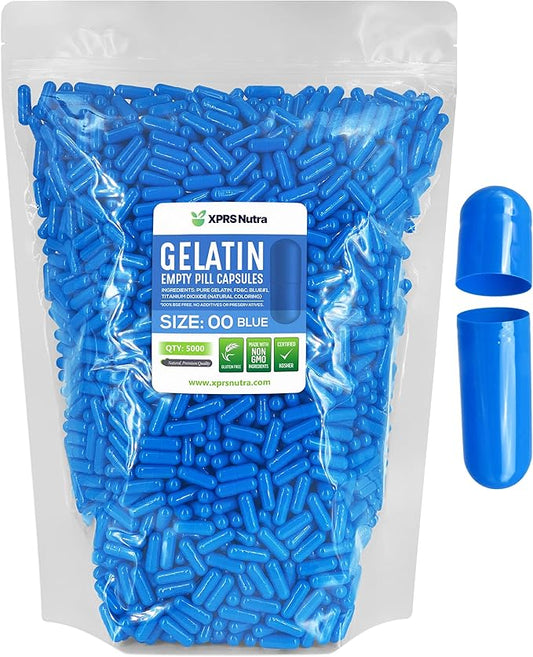 XPRS Nutra Size 00 Empty Capsules - 5000 Count Empty Gelatin Capsules - Empty Pill Capsules - DIY Capsule Filling - Fillable Pill Capsules Empty Gel Caps (Blue)