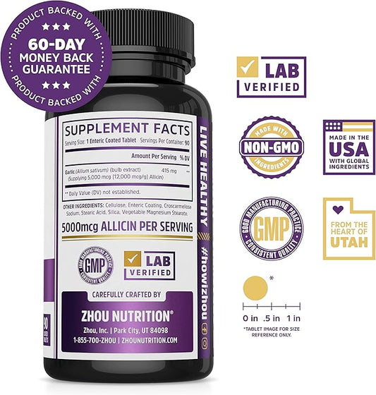 Zhou Nutrition Garlic Supplement With Allicin, Extra Strength 5000mcg Allicin Per Serving, Support Immune System, Blood Pressure And Cholesterol Health, 90 Servings