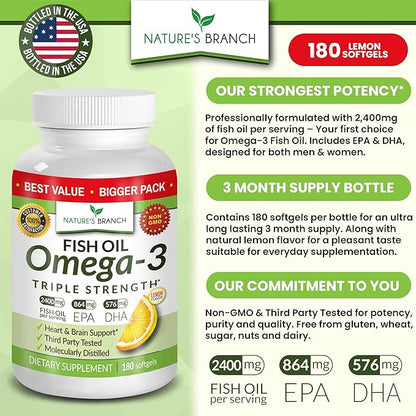 Best Triple Strength Omega 3 Fish 180 Capsules 2400mg High 864mg EPA 576mg DHA