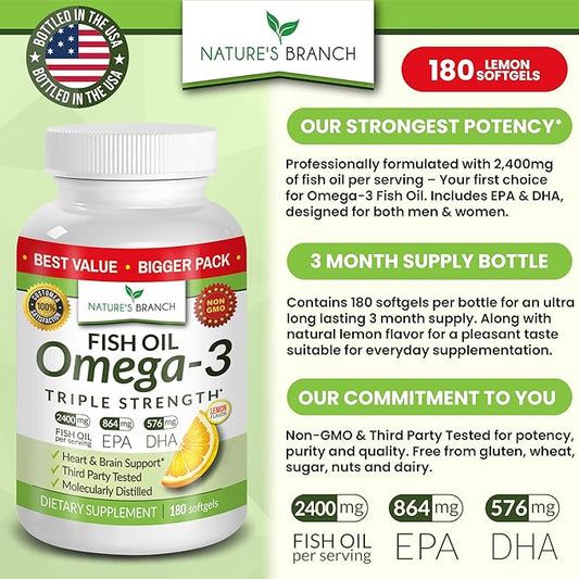 Best Triple Strength Omega 3 Fish 180 Capsules 2400mg High 864mg EPA 576mg DHA