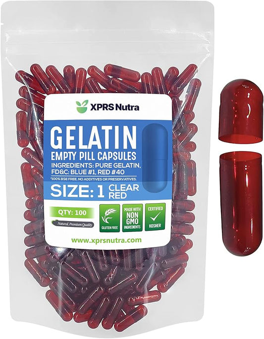 XPRS Nutra Size 1 Empty Capsules - 100 Count Colored Empty Gelatin Capsules - Empty Pill Capsules - DIY Supplement Capsule Filling - Fillable Color Gel Caps Pills (Clear Red)