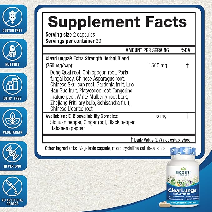 Ridgecrest Herbals ClearLungs Extra Strength, Natural (120 Caps, 60 Serv)