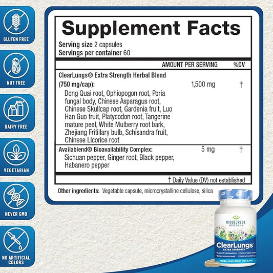 Ridgecrest Herbals ClearLungs Extra Strength, Natural (120 Caps, 60 Serv)