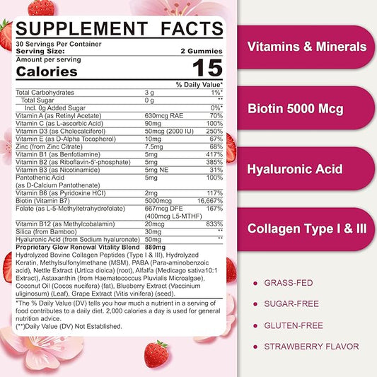 Sugar Free Multivitamin for Women Gummies with Biotin 5000mcg, Collagen MSM Hyaluronic Acid, Vitamin A C D3 E & B Complex and Methyl Folate & B12, Organic Multi Vitamins for Hair Skin Nails, Energy