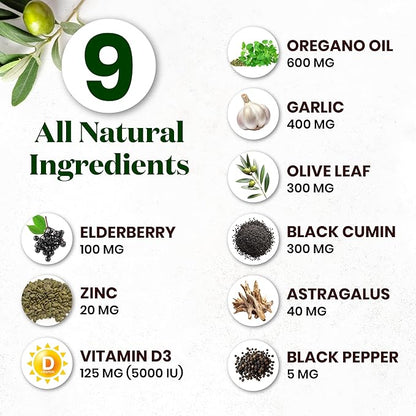 Oregano Oil 6000mg Garlic Extract 4000mg Olive Leaf 3000mg Black Seed Oil 3000mg Astragalus-Immune Support & Digestive Health Supplement for Women and Men- 60 Count