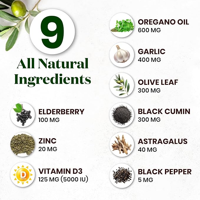 Oregano Oil 6000mg Garlic Extract 4000mg Olive Leaf 3000mg Black Seed Oil 3000mg Astragalus-Immune Support & Digestive Health Supplement for Women and Men- 180 Count