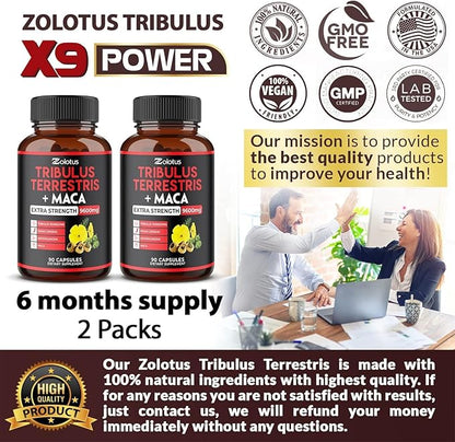 Zolotus 2 Packs Premium Tribulus Terrestris + Maca, 6 Months Supply with Ashwagndha, Ginseng, Boost Energy, Mood, Stamina & Performance, for Men & Women