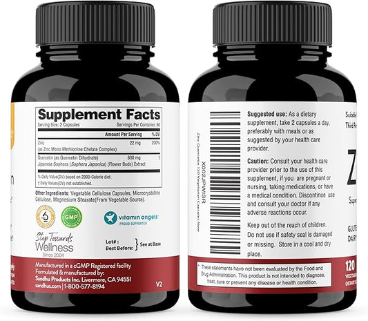 Sandhu’s Zinc Quercetin 120 Vegetarian Capsules – Zinc Supplements for Antioxidant Immune Support Zinc for Men and Women – Gluten, Soy, Dairy Free