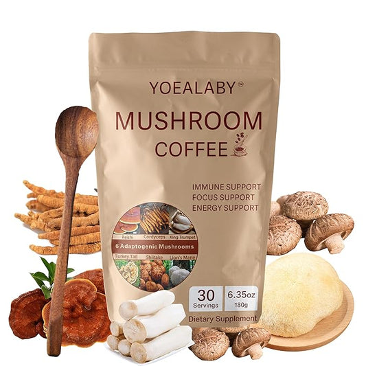 Mushroom Coffee,Organic 6 Adaptogenic Mushrooms Cordyceps, Reishi, Lion's Mane - Enhanced with MCT Oil, Non-GMO Instant Coffee - 180g, 30 Servings - Enhances Focus, Energy & Immunity