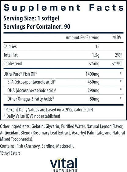 Vital Nutrients Ultra Pure® Fish Oil 800 Omega-3 Fatty 90 Softgels