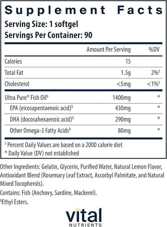 Vital Nutrients Ultra Pure® Fish Oil 800 Omega-3 Fatty 90 Softgels