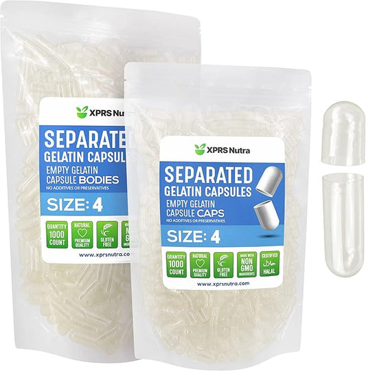 XPRS Nutra Gelatin Size 4 Separated Capsules - 1000 Count Small Empty Capsules Separated in Bags - Clear Empty Pill Capsules - Size 4 Gel Capsules Empty- Pill Capsules Empty for DIY Supplement Filling