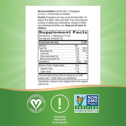 Nature's Way Organic MCT Oil, 30 Fl Oz, Brain and Body Fuel from Coconuts*, C8 Caprylic Acid and C10 Capric Acid, Keto and Paleo Certified, Organic, Non-GMO Project Verified (Packaging May Vary)