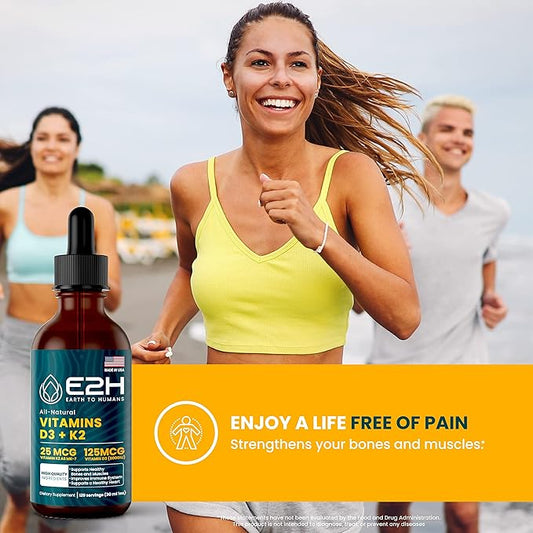 E2H EARTH TO HUMANS Vitamin D3 & K2 Supplement for Immune Support - Liquid Vitamin D3 5000 IU - Made in The USA | Non-GMO, Vegan - (3 Bottles)