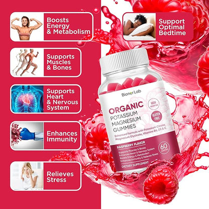 Potassium Magnesium Gummies with Vitamin D3 B6 C - High Absorption Potassium 99mg Magnesium Glycinate 250mg Chewable Supplements for Women Men Adults Kids