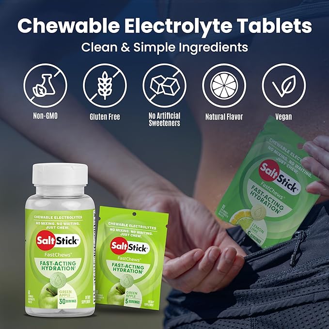 SaltStick Electrolyte FastChews Chewable Tablets | 120 Count - Green Apple | Salt Tablets for Runners, Sports Nutrition, Hydration Tablets, Electrolyte Chews | 12 Packets of 10 Tablets Each