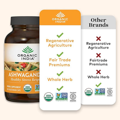 ORGANIC INDIA Ashwagandha Capsules - Organic Ashwagandha Supplement - Vegan Ashwagandha Root, Gluten-Free, Kosher, Non-GMO, Supports Stress Relief, Energy, and Sleep - 180 Capsules