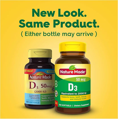 Nature Made Vitamin D3 2000 IU (50 mcg), Dietary Supplement for Bone, Teeth, Muscle and Immune Health Support, 250 Softgels, 250 Day Supply