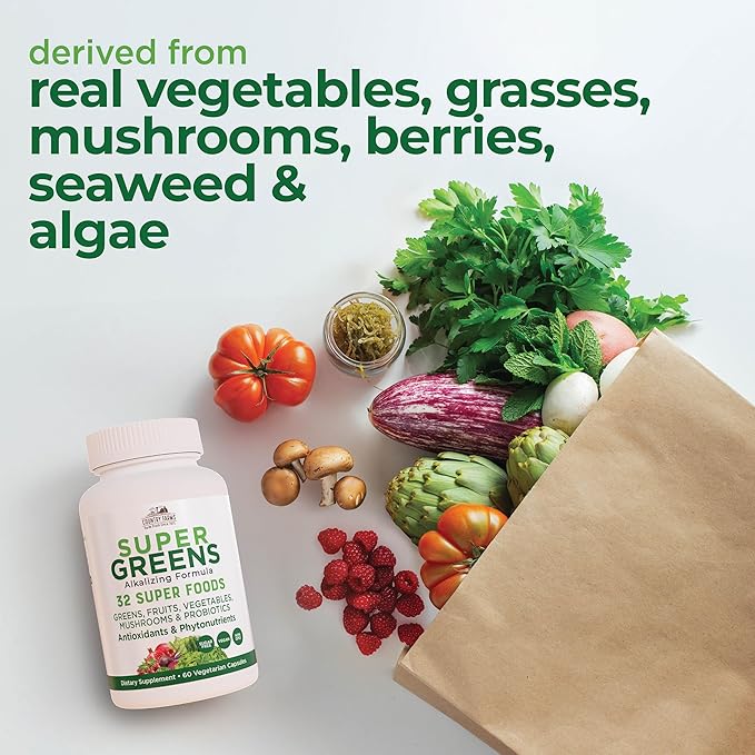 COUNTRY FARMS Super Greens Vegicaps, 32 Super Foods, Whole Food Supplement, Greens, Fruit, Vegetables, Mushrooms & Probiotics, Rich in Antioxidants & Phytonutrients, 120 Count, 60 Servings