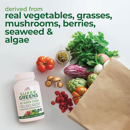 COUNTRY FARMS Super Greens Vegicaps, 32 Super Foods, Whole Food Supplement, Greens, Fruit, Vegetables, Mushrooms & Probiotics, Rich in Antioxidants & Phytonutrients, 120 Count, 60 Servings