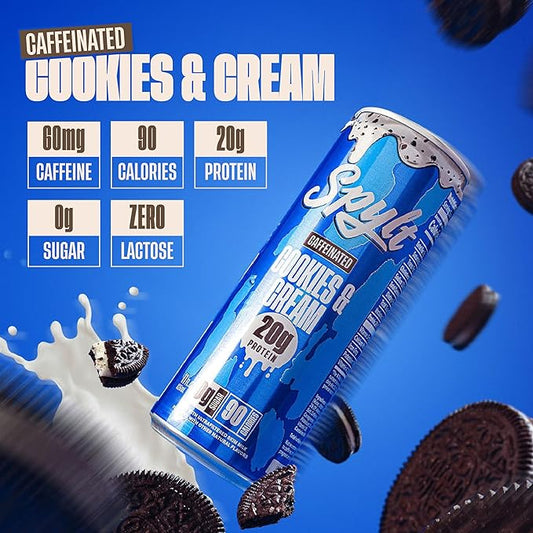 High Protein Cookies & Cream Milk with 60mg Caffeine & 20g Protein - Ready to Drink, Sugar Free, Lactose Free Milk, Perfect for Workout Recovery & Afternoon Pick Me Up - 12 Count