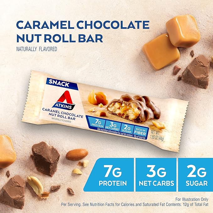 Atkins Caramel Chocolate Nut Roll Snack Bar, Protein Snack, High in Fiber, 2g Sugar, 16 Count