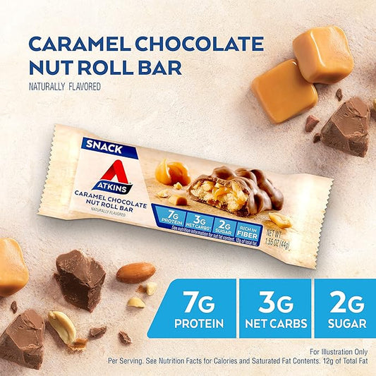 Atkins Caramel Chocolate Nut Roll Snack Bar, Protein Snack, High in Fiber, 2g Sugar, 16 Count